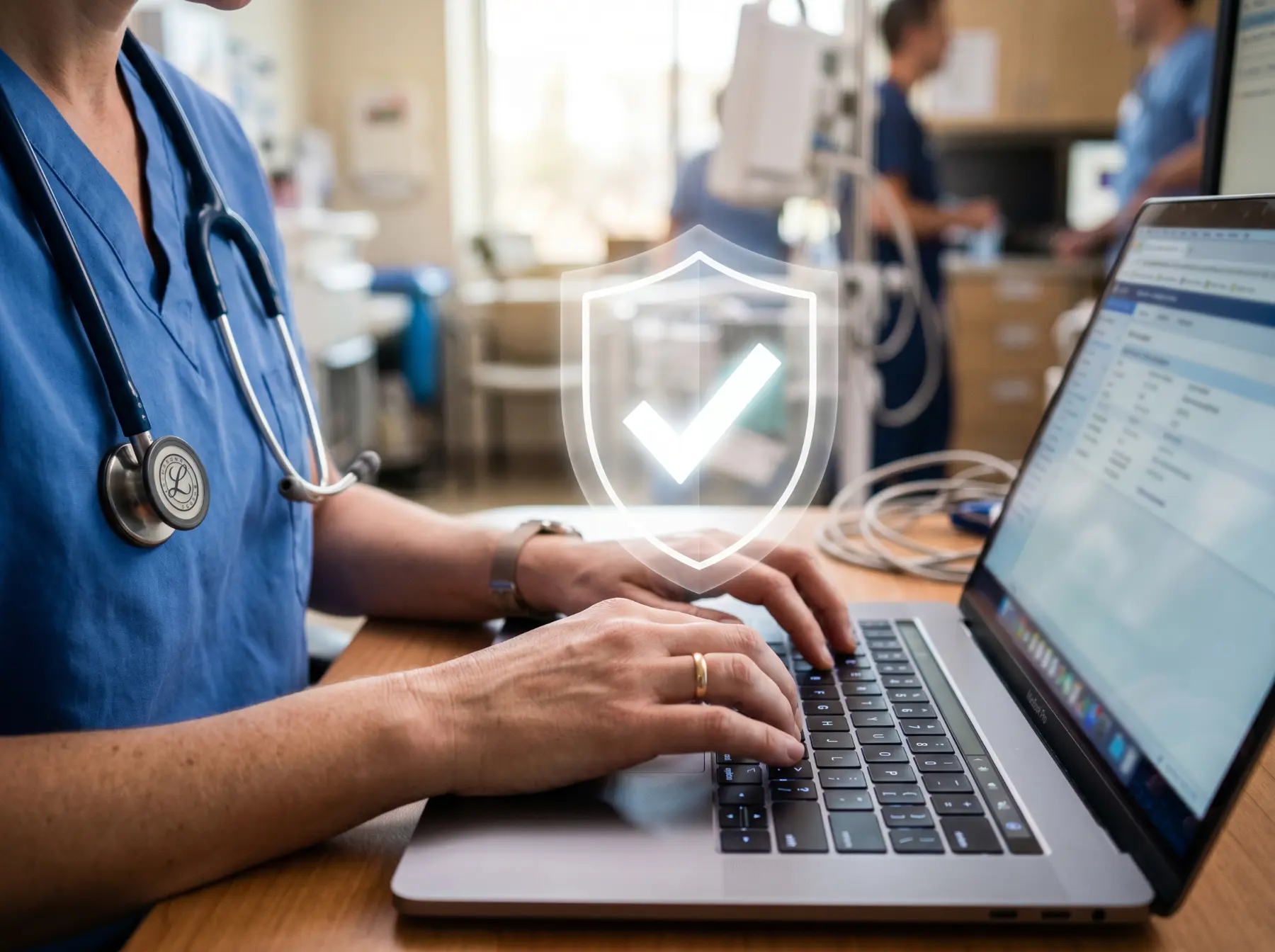 A healthcare professional working securely on a laptop with a data protection overlay