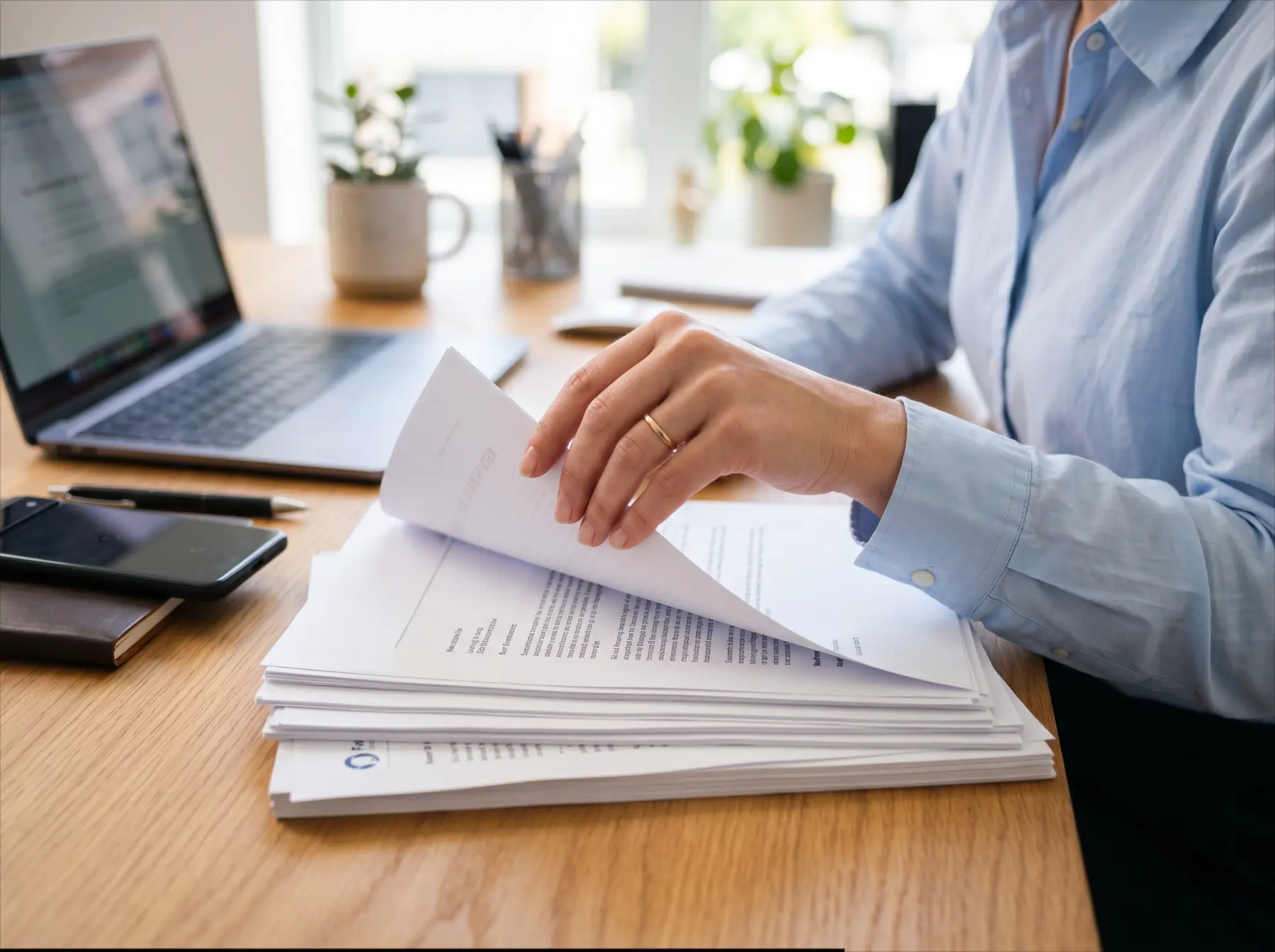 Billing professional organizing claim documents on a bright desk